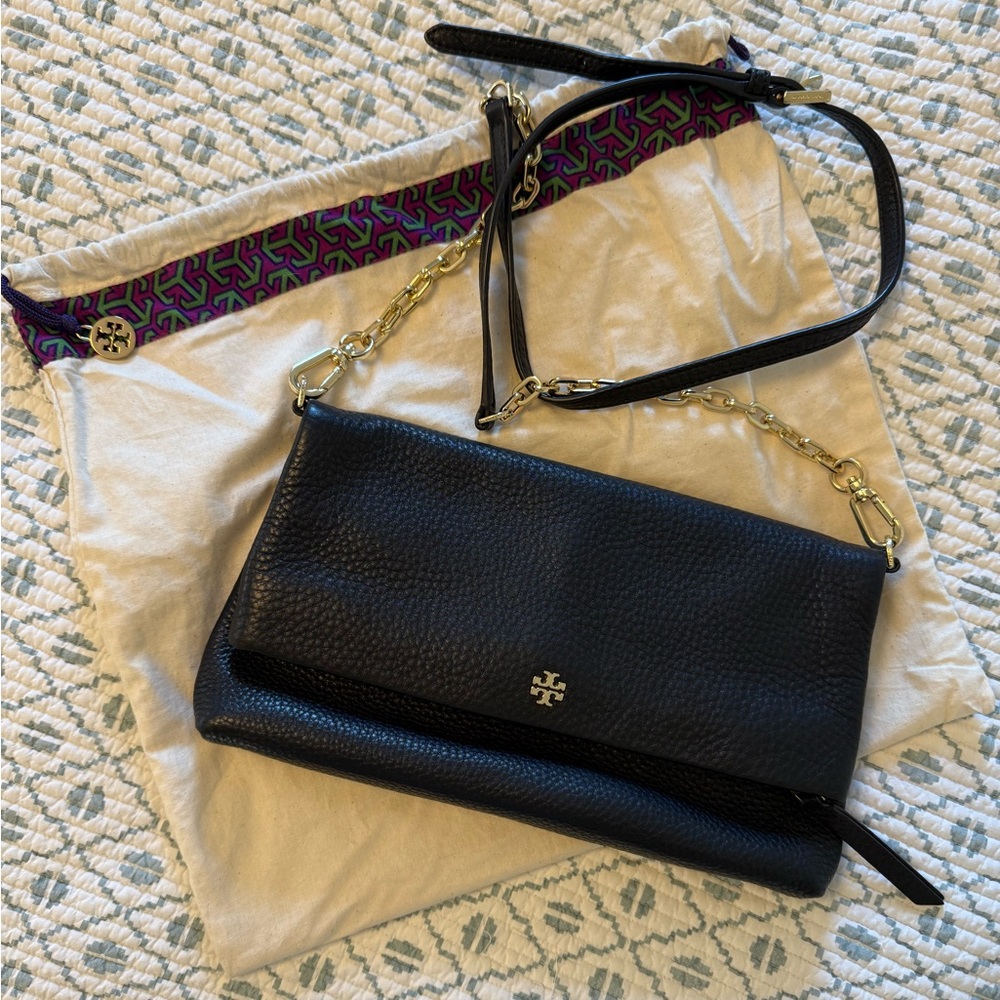 Tory Burch black leather fold over clutch crossbody